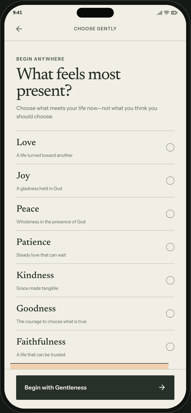 Everrooted screen titled “What feels most present?” listing the nine fruits of the Spirit from Love to Self-control, each with a one-line description and a radio control.