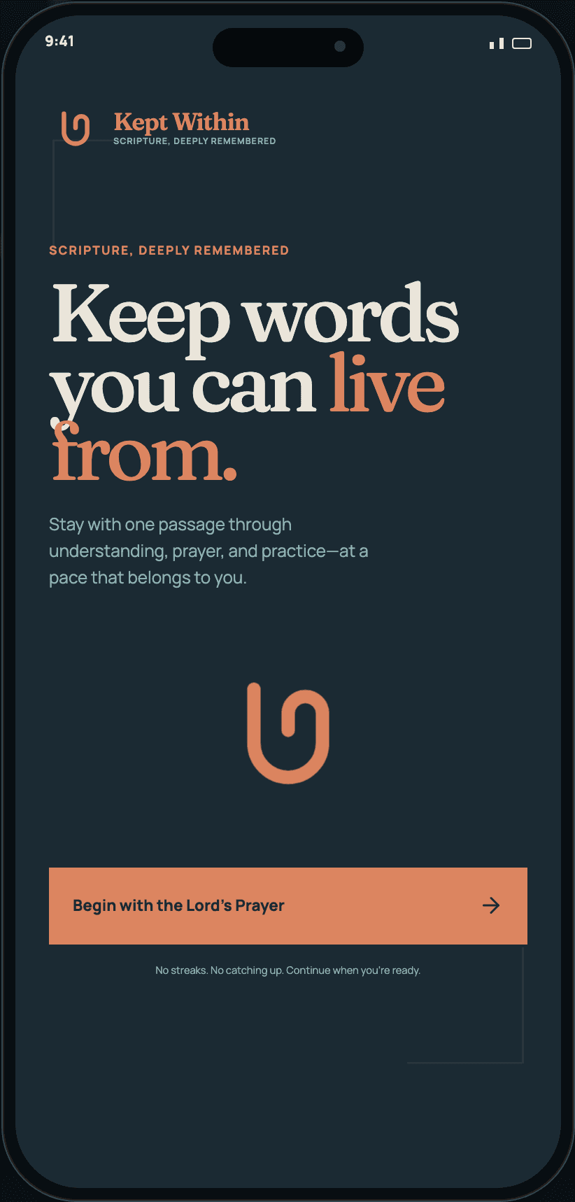 Kept Within opening screen on a deep slate ground with the heading “Keep words you can live from,” the selected return-stroke mark, and a Begin with the Lord's Prayer button.